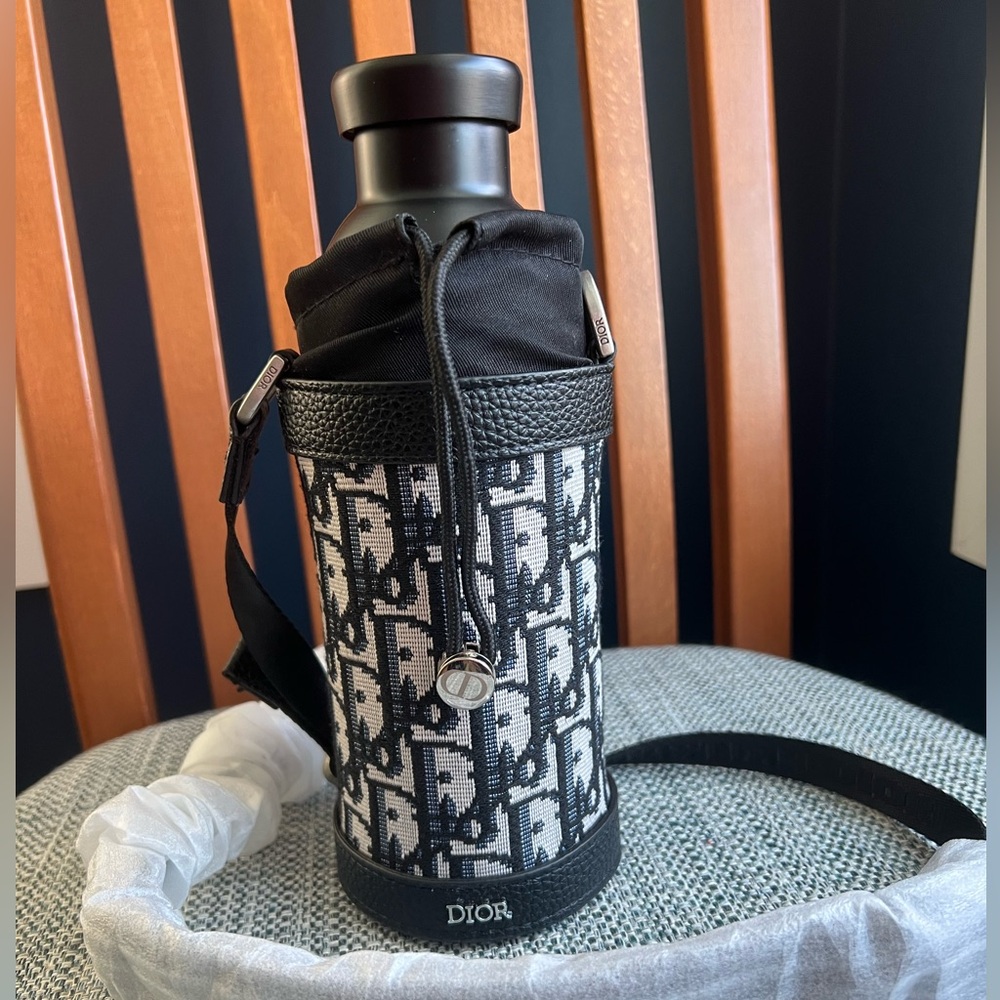 Dior Aqua Bottle w/Shoulder Strap Black Grained Calfskin Oblique Stainless Steel